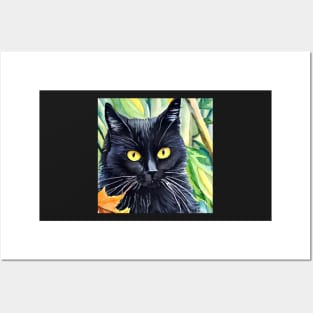 Beautiful black cat in the woods watercolor. Posters and Art